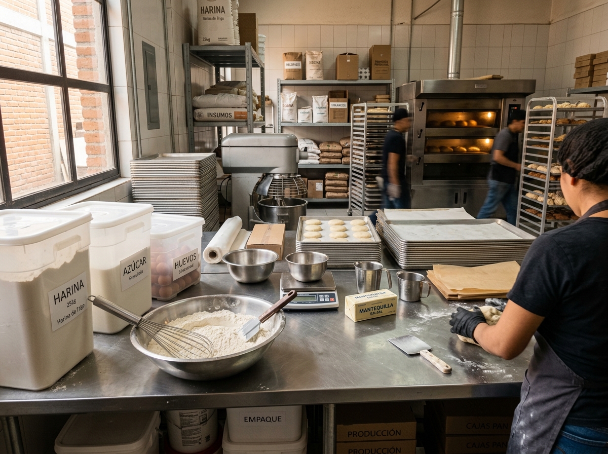 Ingredientes, herramientas y materiales para una operación panadera ordenada